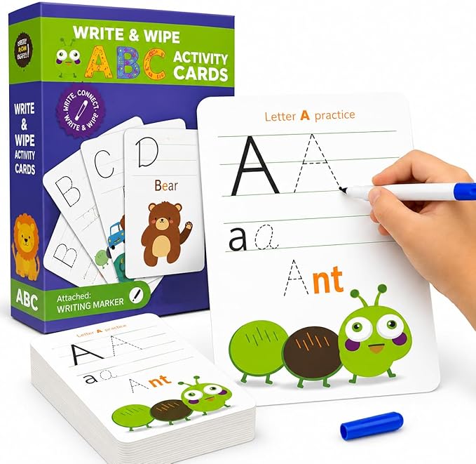 Write & Wipe Activity Cards for Kids, Reusable Tracing Flash Cards, Preschool Handwriting Practice Set, Letter Number Math Learning Activities Ages 3-6 (Letter Tracing)