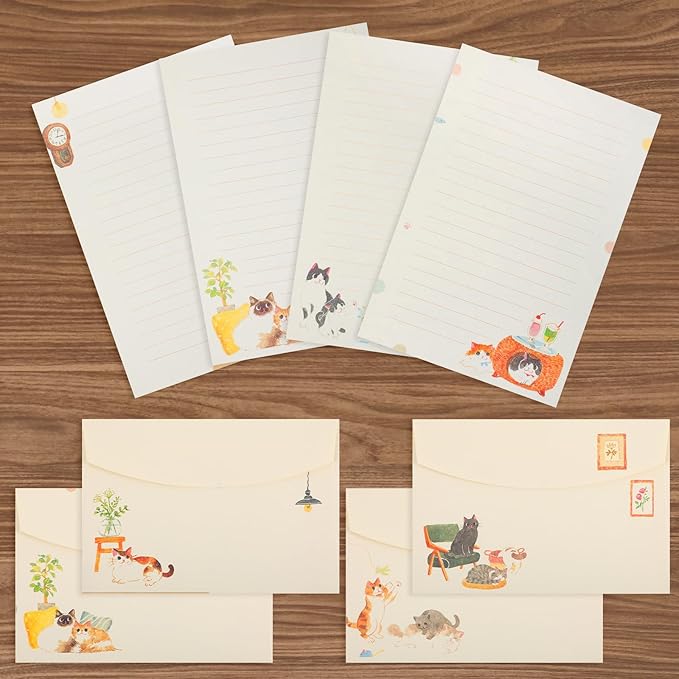 36 pcs Cat Stationery Paper and Envelopes Set, Warm Cute Cat Themed, Cute Letter Papers for Invitations Gift Decorations Holiday Party (24 Lined Stationery Paper with 12 Envelops)