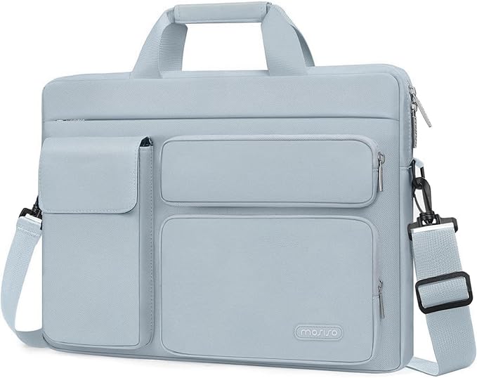 MOSISO Laptop Shoulder Bag 15.6 inch, 15-15.6 inch Computer Bag Compatible with MacBook Pro 16 inch, HP, Dell, Lenovo, Notebook with 2 Raised&1 Flapover&1 Horizontal Pocket&Handle&Belt, Baby Blue