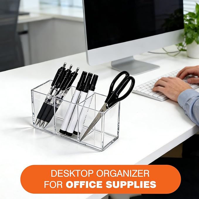 Acrylic Pen Holder for Desk, Plastic Pencil Holder for Desk, Small Desk Organizer for Home, Office, Classroom, Bathroom, Makeup Brush Organizer, Teacher Accessories(Clear)