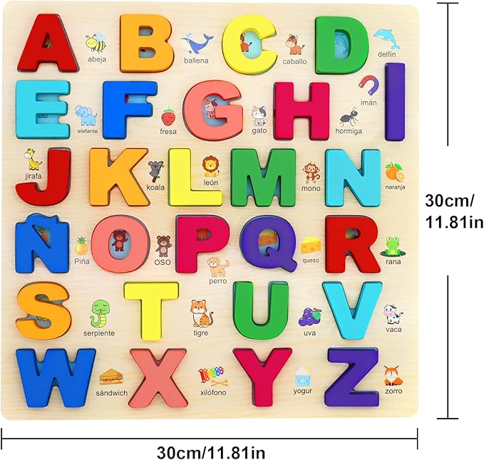 MAYAPHILOS Wooden Alphabet Puzzle, Learn Spanish for Kids with 27 Spanish Letters, Colorful ABC Shape Puzzles for Kids, Preschool Educational Learning Toys for Girls and Boys