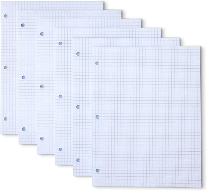 Amazon Basics Graph Ruled Loose Leaf Binder Paper, 11" x 8.5", White, 100 Sheets, 6-Pack