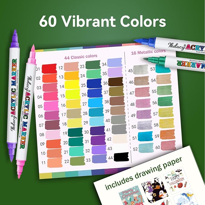 60 Colors Dual Tip Acrylic Paint Markers Set - Brush & Fine