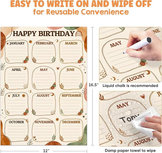 FaCraft Boho Birthday Chart for Classroom - Reusable Happy Birthday Poster Calendar Laminated Class Birth day Chart Classroom Bulletin Board Decorations Back to School Teacher Supplies Wall Decor
