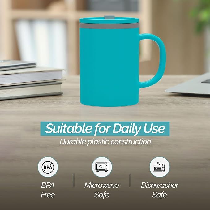 Copco Iconic 16oz Double Wall Insulated Desk Mug with Lid and Handle, Set of 2, BPA-Free Reusable Plastic, Spill-Resistant, Microwave & Dishwasher Safe, Wide Mouth (Aqua/Mint)