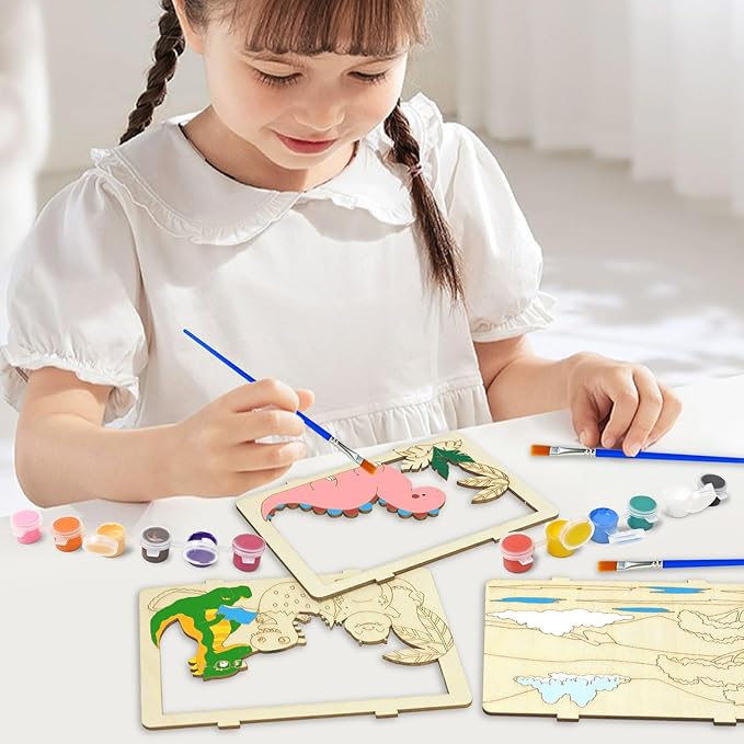 Vileafy 3D Wooden Painting Craft Kits for Kids 4-8 – DIY Arts & Crafts with Dinosaur, Ocean & Jungle Animals – Includes Individual Paints & Brushes for Party Favors and Gifts(3)