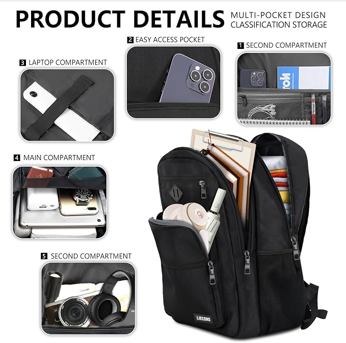 School Backpack for Boys Girls Teens, Black Backpack for Men Women, 17.3 inch Laptop Back Pack with Reinforced Straps, Backpacks for School Business Work College Travel, College Book Bag, Bookbag