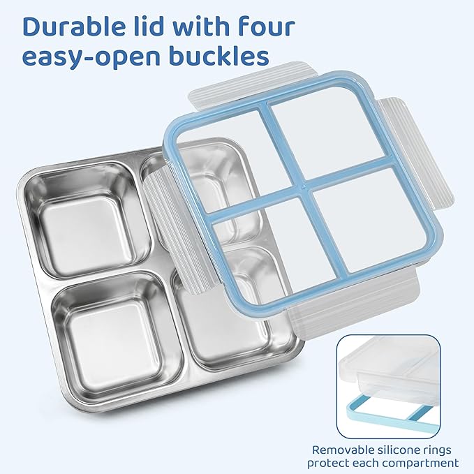 3 Pack Stainless Steel Reusable Snack Containers with Lids, 4 Compartment, Leakproof, 24.5 oz Food Storage & Meal Prep Containers, Bento Lunch Box for Adults,Men,Women(Blue)