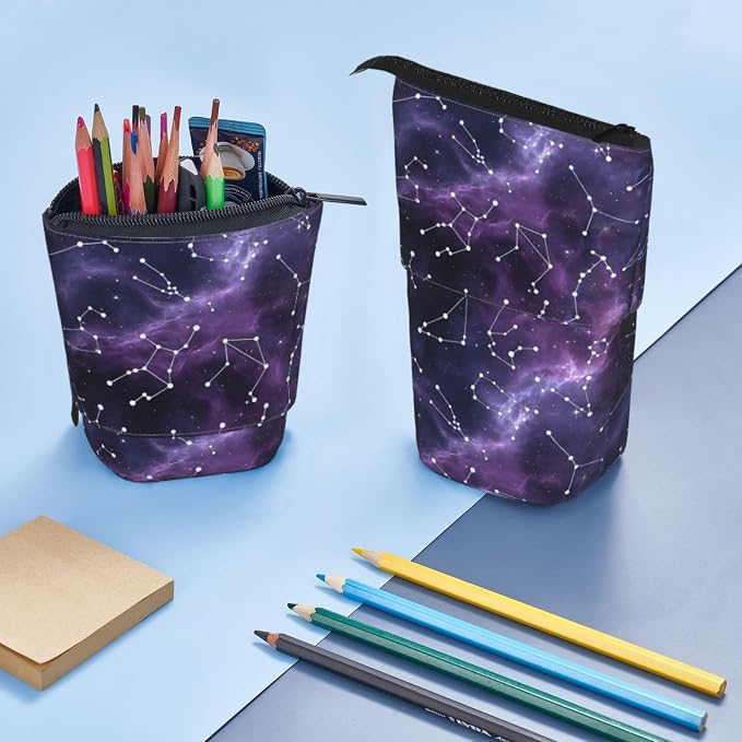 Purple Constellation Standing Pencil Case Cute Telescopic Stationary Pouch with Zipper Large Capacity Stand up Pen Bag Portable Makeup Holder for School Office Supplies