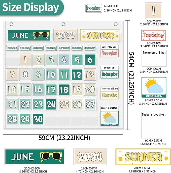 Mewise Classroom Calendar Pocket Chart for Wall, Weather Pocket Chart for Kids, Groovy Classroom Decor Set Includes 126 Cards, Hanging Display for School, Homeschool, Kindergarten, Bulletin Board (White)