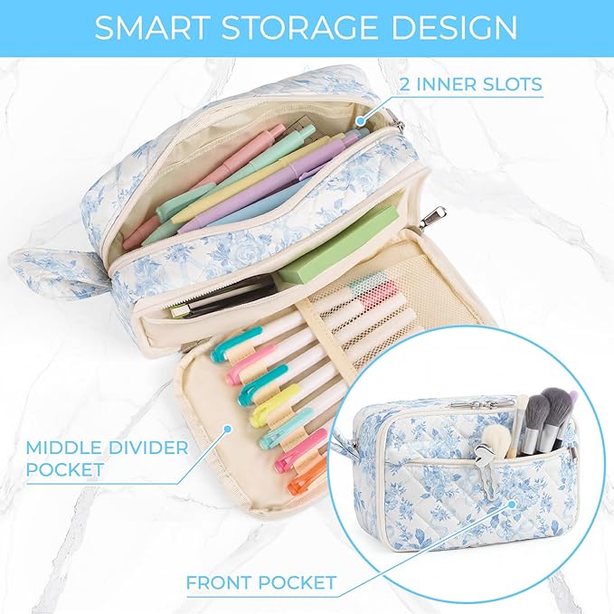 WOBAGMEN Quilted Pencil Pouch for Girls Women, Large Pencil Case Pouch with Compartments Cute Aesthetic Pencil Case Organizer, Floral Pencil Bag for School Supplies (Blue Floral Bow)