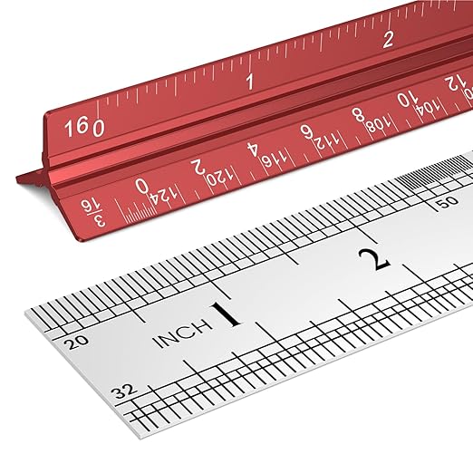 2 Pcs Architectural Scale Ruler 12 Inch, Aluminum Architect Ruler & Metal Ruler Set, Imperial Engineer Scale for Blueprints, Drafting Ruler for Architects, Students, Draftsmen, and Engineers (Red)