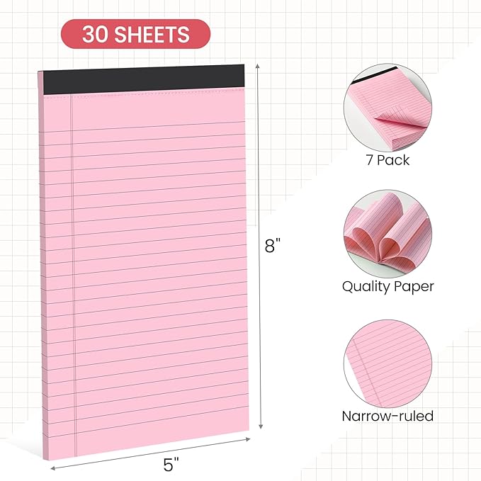 VITEVER Small Note Pads 5x8,[7 Pack] Narrow Ruled Legal Pads,Micro Writing Pads Perforated Lined Note Paper for Study,Office,To-Do Lists,30 Sheet/notepad,Pink