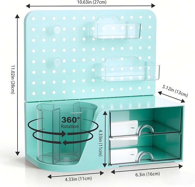 Comix Desk Organizer with Drawer, 360° Rotating Pen Holder for Desk, Pen Organizer with 5 Slots Pencil Holder+Pegboard+2 Drawer for Office Home Art Supplies (Green)