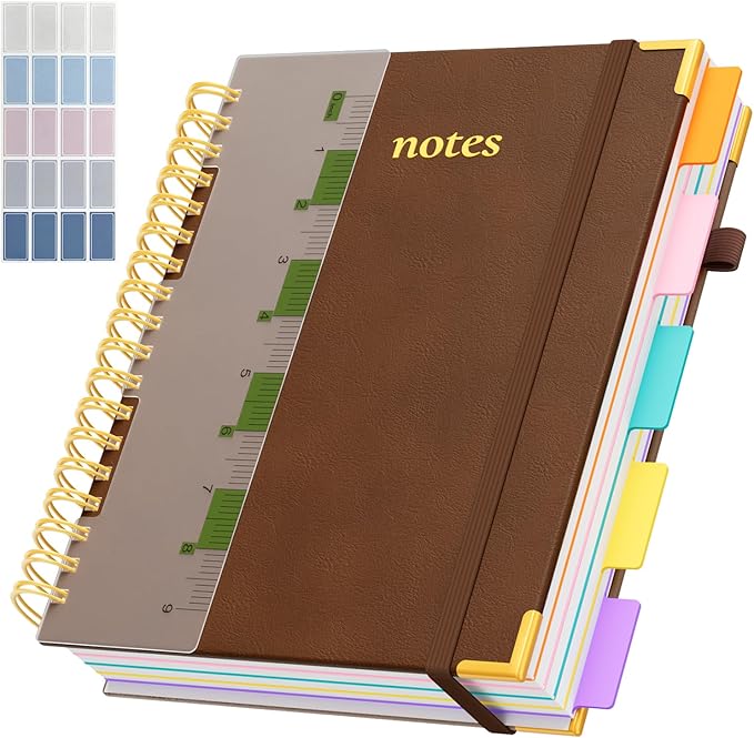 Line Hardcover Spiral Notebook with Removable Dividers Tabs & Ruler, 5 Subject Notebook College Ruled, 300 Page, Large 8"x10" B5 Notebooks for Work School, Lined Journal for Women & Men, Brown