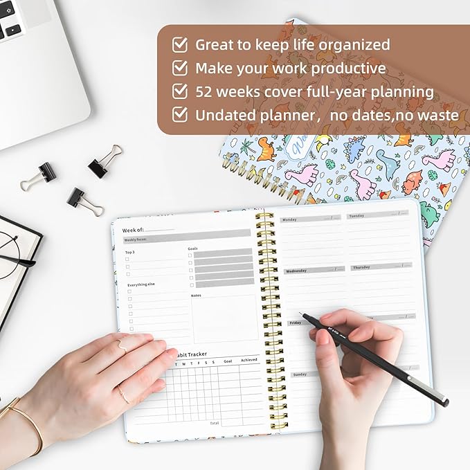 Weekly Planner Undated - 52 Weeks To Do List Notebook A5 for Work: Weekly Task, Habit Tracker Journal, Goal Setting, Agenda Sprial Bound Organizer Book for Women Cute Stylish Design, Dino