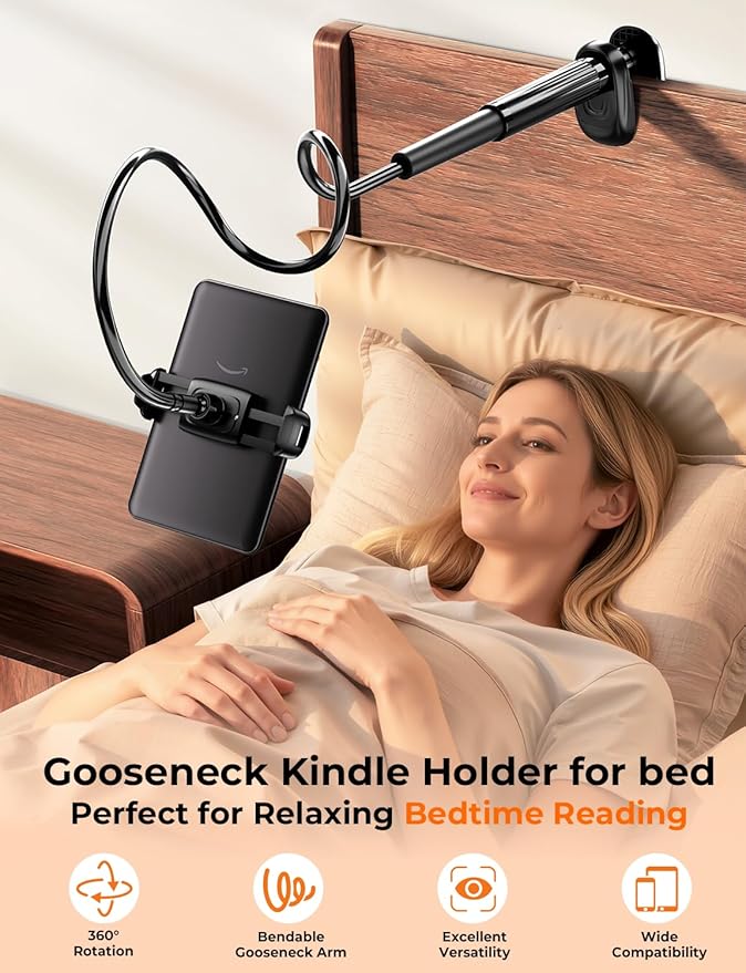 Gooseneck Kindle & Phone Holder for Bed: Flexible Long Arm Clamp Mount for Hands-Free Reading, Bedside Desk Headboard Stand, Compatible with iPhone 17 Pro Max Kindle Kobo & 4.7–8.6 Inch Devices