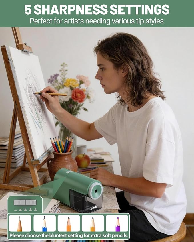 AFMAT Electric Pencil Sharpener, Fully Automatic Pencil Sharpener for 6.5-10.5mm No.2/Jumbo/Colored Pencils, Auto in & Out, 5 Sharpness Modes, 10000+ Sharpenings for Classroom Home Office, PSC5(Green)