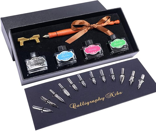 Calligraphy Pen Set，Include Vintage Fountain Pure Wooden Dip Pen for Beginners Writing, 4 Colors Bottles of Ink, 12 Replaceable Nibs, Antique Brass Pen Holder