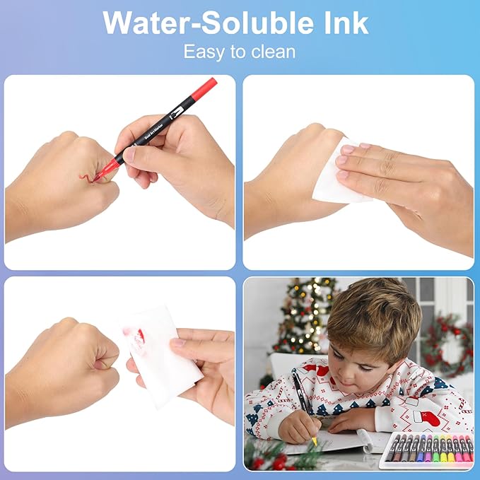 Double Tip Brush Pens Art Markers - 12 Vibrant Colors, Fine & Brush Tips for Coloring, Calligraphy, Journaling, Drawing, and Crafting - Non-Toxic, Water-Based Ink - Perfect for Kids & Adults