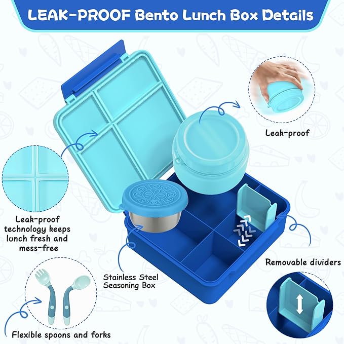 Aimsnk Kids Bento Lunch Box with 8oz Soup Thermo, Kids Leakproof Lunch Food Containers with 4 Compartment,Insulated Hot Food Jar with Lunch Bag for School, Travel (Blue)