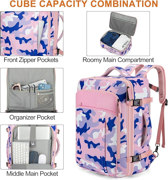Lumesner Carry on Travel Backpacks, Extra Large 40L Flight Approved for Men & Women,Expandable Suitcase backpack (Camouflage Pink(Backpack With 4 Packing Cubes))