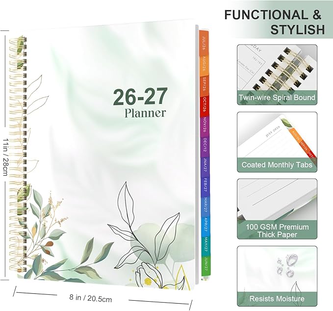 Planner 2026-2027 Weekly and Monthly A4 Size - Agenda 2026-2027 July 2026 - June 2027, A4 Spiral Binding Agenda with Monthly Tabs, Inner Pocket, 100gsm Thick Paper (8.5" x 11")
