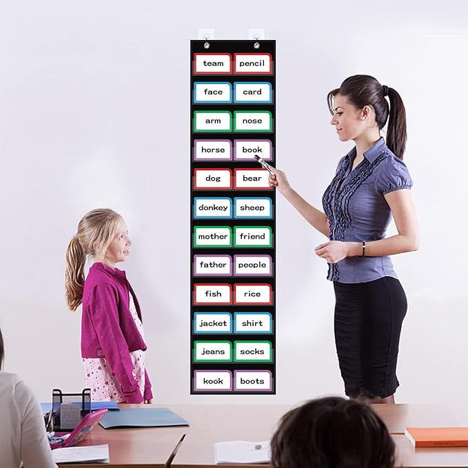 ANCOMEDO 10”W x 48.25”H Classroom Words Pocket Chart with 12 Clear Pockets, Black Standard Pocket Chart for Classroom and Home for Sentence Strips, Reusable Words Hanging Pocket Chart (Black)