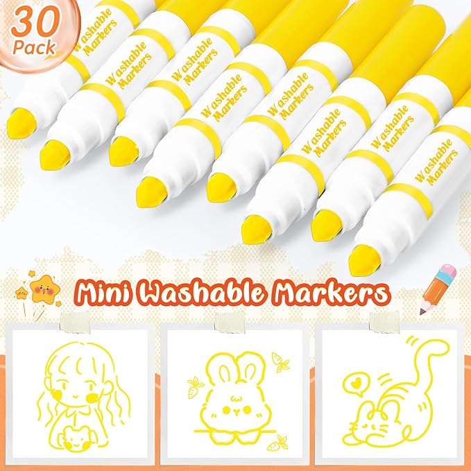 30 Pcs Mini Washable Markers Bulk Broad Line Conical Tip Washable Mark Pen Set Short Coloring Paint Pen for Art Projects Teacher Party Favors (Yellow)
