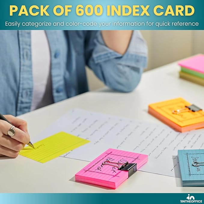 1InTheOffice Colored Index Cards 3x5, Ruled Neon Index Cards, Assorted, 600 Pack