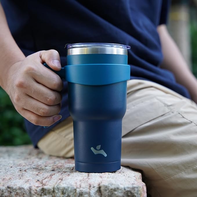 Konokyo 30 oz Tumbler with Handle and 2 Straw 2 Lid, Insulated Water Bottle Stainless Steel Vacuum Cup Reusable Travel Mug,Army Green