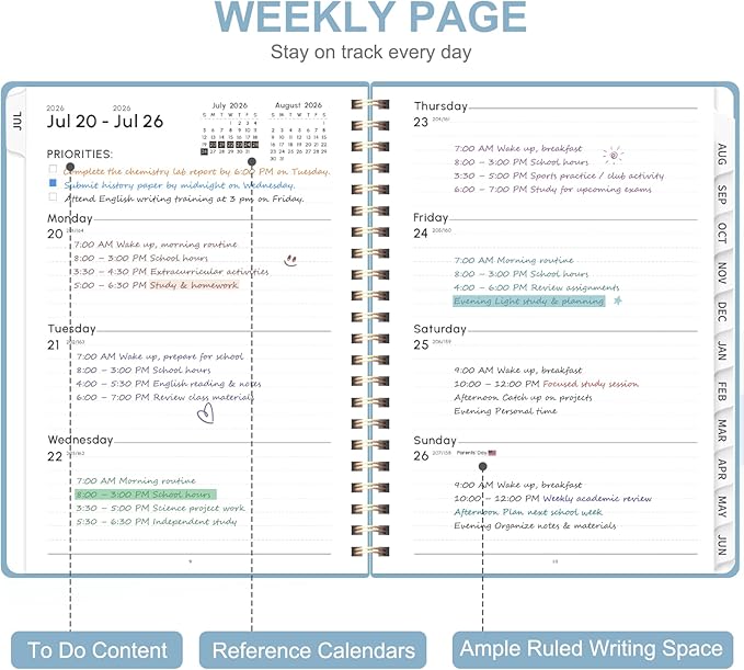 Planner 2026-2027, Weekly and Monthly Academic Year Calendar Planner, July 2026 - June 2027, Daily Agenda Book for Office School Supplies, A5(6.3'' x 8.5'')