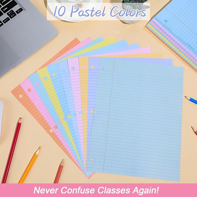 gisgfim 100 Sheets Loose Leaf Binder Paper, 8" x 10.5" Colored College Ruled Paper, 3 Hole Punched Lined Refill Inserts Thicken for 3-Ring Binders Notebooks Planner Writing School Office (Pastel)