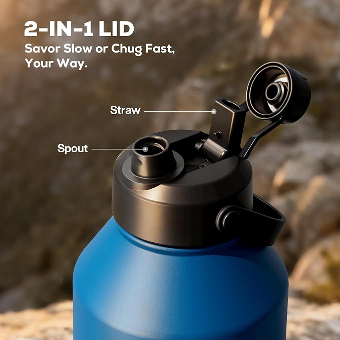 POWCAN 64 oz Insulated Water Bottle with 2-in-1 Straw Spout Lid, Leakproof, Carrier Bag, Shoulder Strap, Keep Cold 48H, Half Gallon Stainless Steel Water Jug for Men, Sports, Camping, Fitness (Indigo)