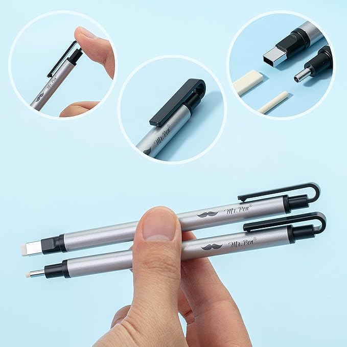 Mr. Pen- Pen Style Eraser Set, 2 Pack, Square & Round Tip, Precision Pencil Erasers, Retractable Silver Eraser Pens for Drawing, Sketching, Detail Correction, Office & School Supplies