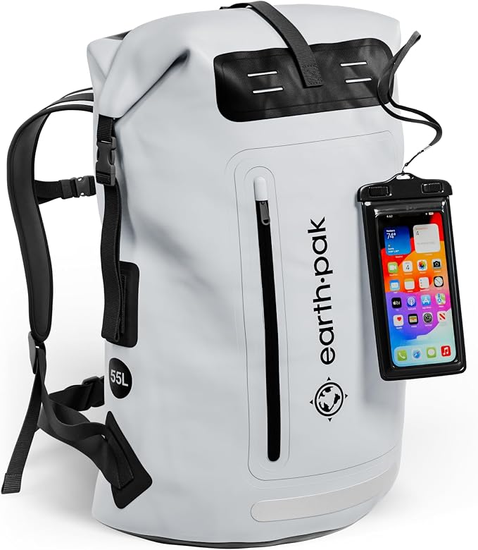 Waterproof Dry Bag Backpack 55L - Kayaking Boating Fishing Rafting Marine | Gray 55L dry bag: 500D PVC, abrasion resistant build, IPX8 phone case for river and lake trips