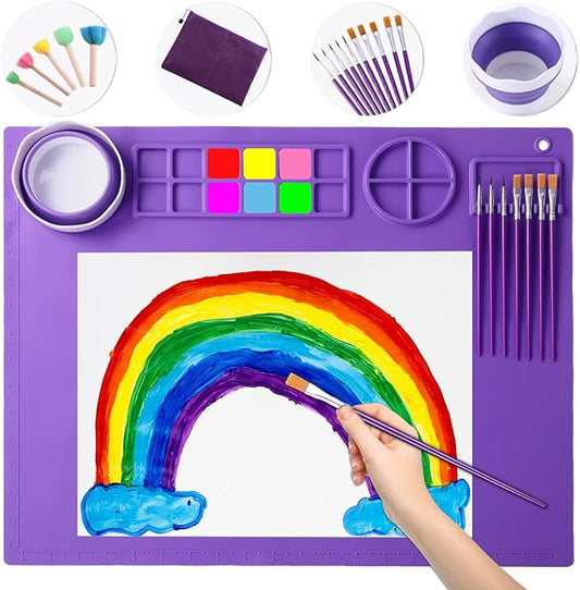DIYDEC Silicone Art Mat 20x16 Inch - Large Silicone Painting Mat with Detachable Cup, 10 Painting Brushes, 5 Sponge Brushes - Kids & Adult DIY Accessories (Purple)
