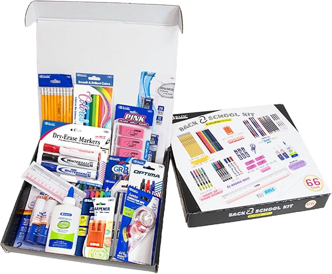 BAZIC PRODUCTS School Supplies Kit – 66 Piece Set for K–12 Students, Stationery Essentials with Colored Pencils, Markers, Pencils, Glue, Erasers, Highlighters, & Correction Tape, 1-Pack