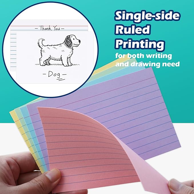 Colored Index Cards 4x6 Lined Ruled Flash Note Cards 100 Count, 5 Pastel Colors Assorted, 220 GSM Heavy Weight