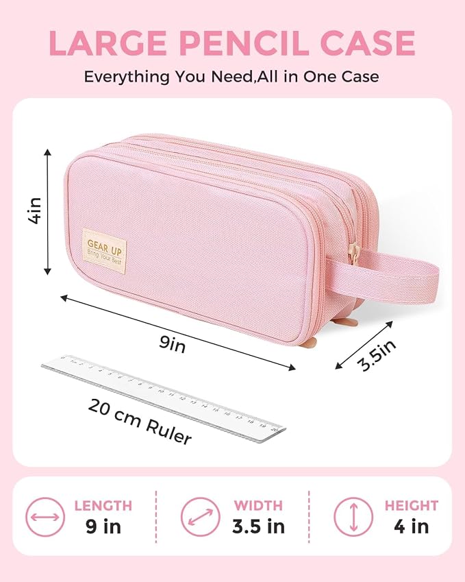 SKYDUE Large Capacity Pencil Case with Handle, 3 Compartment Canvas Pencil Pouch, Cute Soft Color Pencil Bag for Pens, Markers, Aesthetic Stationery and Organizer for Teen Girls Adult, Pink