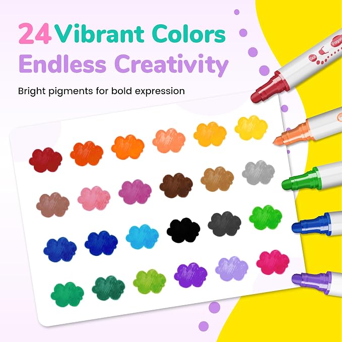 Pagather Washable Markers, 24 Colors Dual Tip Dot & Conical Pens for Kids