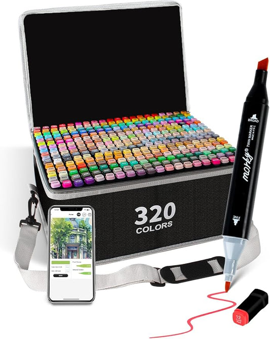 Brled 320 Colors Alcohol Markers with Free App, Chisel & Fine Tip Alcohol-Based Marker Set for Adults, Dual Tip Artist Markers for Drawing, Coloring Illustration, Painting and Great Gift Idea
