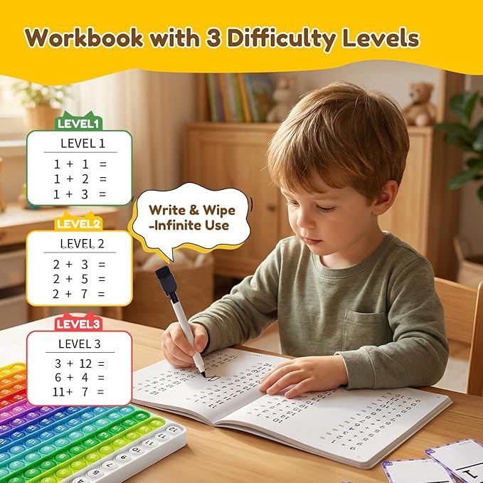 JoyCat Addition and Subtraction Flash Cards with Pop Math Board, 144 Math Flashcards for Kids Ages 4-8, Homeschool Kindergarten 1st 2nd Grade Math Manipulatives with Workbook, Markers, Rings & Bag