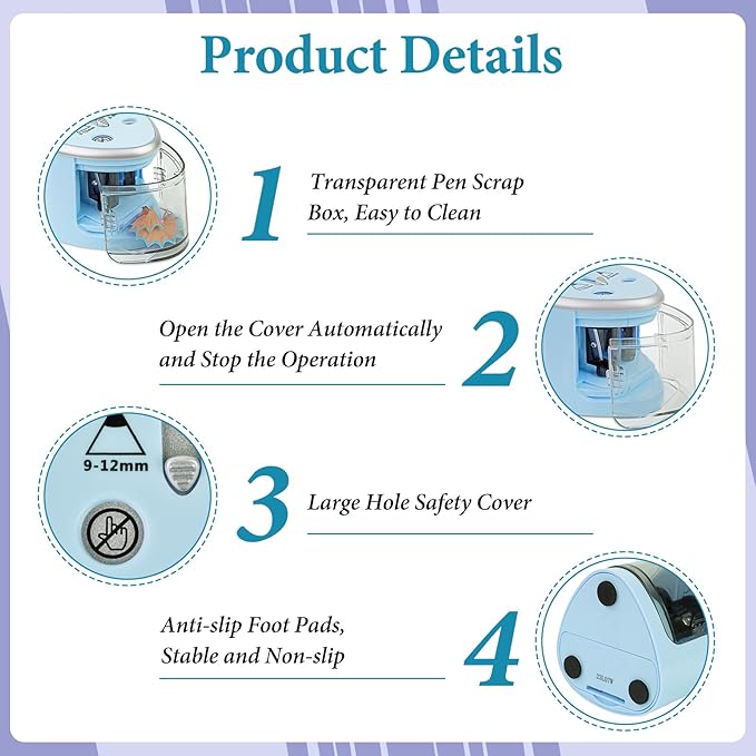 AUAUY Electric Pencil Sharpener with Double Hole, Battery Operated Automatic Sharpener with 2 Extra Knife Holders, for 6-8mm/9-12mm Standard Pencils, Colored Pencils, and Makeup Pencils（Blue）