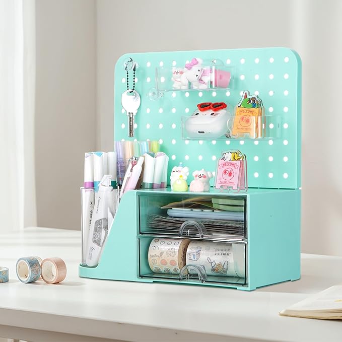 Comix Desk Organizer with Drawer, 360° Rotating Pen Holder for Desk, Pen Organizer with 5 Slots Pencil Holder+Pegboard+2 Drawer for Office Home Art Supplies (Green)
