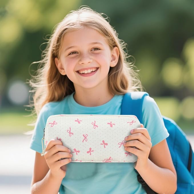 LEDAOU Cute Pencil Case for Kids Girls Boys Pencil Pouch kawaii Pen Pencil Box Bag Holder for School Students (Pink Bow)