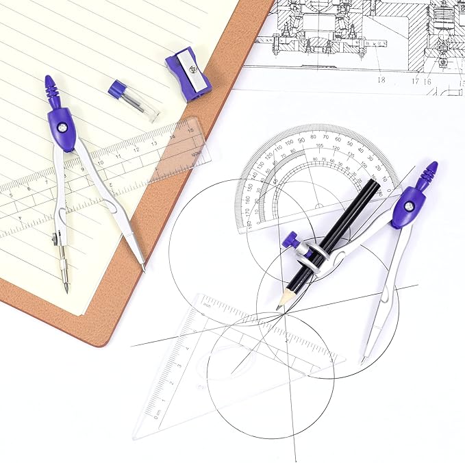 Vobou Math Geometry Kit Sets 10 Piece Student Supplies with Shatterproof Storage Box,Includes Rulers,Protractor,Compass,Eraser,Pencil Sharpener,Lead Refills,Pencil,for Drafting（Purple）