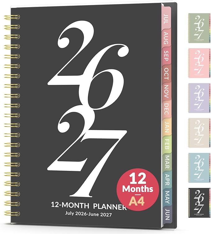 Forvencer Planner 2026-2027, July 2026 - June 2027, 8.5" x 11" Academic Year Monthly and Weekly Calendar Planner with Spiral Bound, Month Tabs, Flexible Cover for School Office (A4, Black)