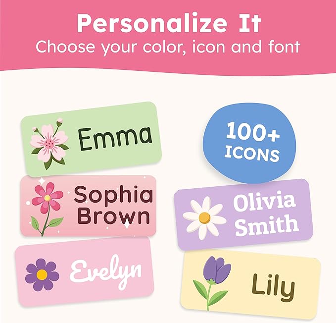 Personalized Name Labels for Kids (210 Labels) - Durable & Waterproof Custom Name Stickers for Clothing Tags, School Supplies, Camp & Daycare - Flowers (1.2”x0.5”)