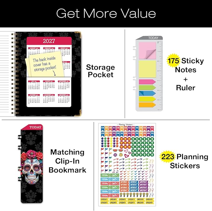 HARDCOVER Academic Year 2026-2027 Planner: 14 Months (May 2026 Through June 2027) 8.5"x 11" Daily Weekly Monthly Planner Yearly Agenda. Bookmark, Pocket Folder and Sticky Note Set (Sugar Skull)